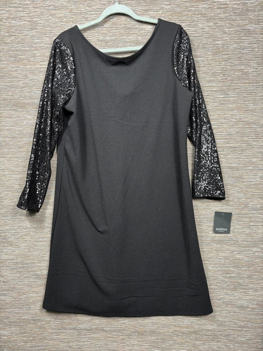 Marina Dress Womens 14 Black Sequin Sleeve V Neck Knee Length Party Cocktail